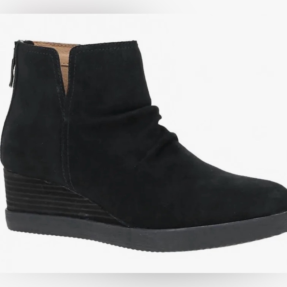 Dansko Black Suede Wedge Ankle Bootie with Back Zip